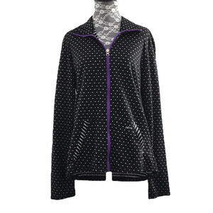 KD110‎ Black White Knit Zip Front Jersey Sweater Womens Large Scrub Jacket